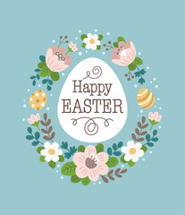 Happy Easter greeting card. Vector illustration of flowers frame and Easter egg with inscription. Isolated on light blue background 