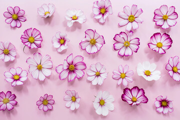Floral composition. Pink flowers cosmos on pink background. Spring, summer concept. Flat lay, top view, copy space.