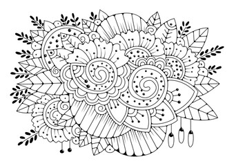 Coloring page for children and for adults. Linear art. Floral black and white background for coloring.