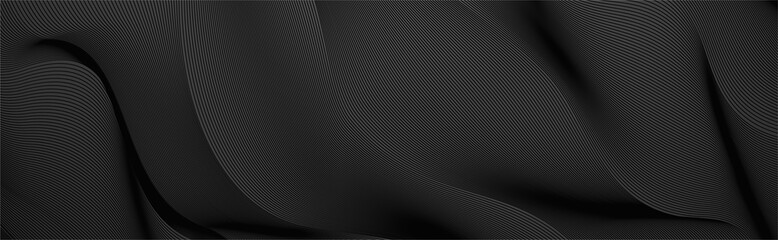 Black abstract background design. Modern wavy line pattern (guilloche curves) in monochrome colors. Premium stripe texture for banner, business backdrop. Dark horizontal vector template