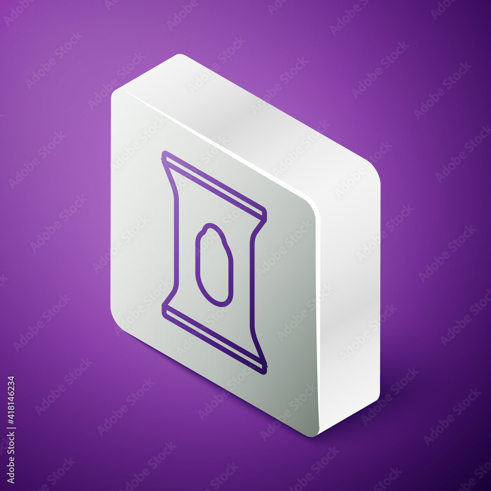 Poster isometric line wet wipe pack icon isolated on purple background. silver square button. vector.
