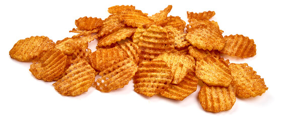 Deep Fried ridged potato chips with paprika, isolated on white background. High resolution image