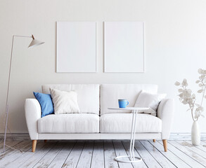 White, scandinavian interior with two picture mock ups. 3D render. 3D illustration.