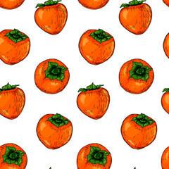 Colorful seamless pattern with hand drawn persimmon fruits. Vector illustration in colored sketch style.