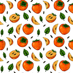 Colorful seamless pattern with hand drawn persimmon fruits and slices. Vector illustration in colored sketch style.