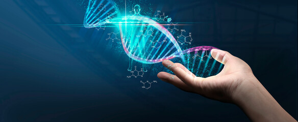 DNA concept of new ideas with Digital of Virtual analysis chromosome DNA test of human in situations disease COVID-19 virus on hands in 3D illustration. Of free space for texts.and creativity