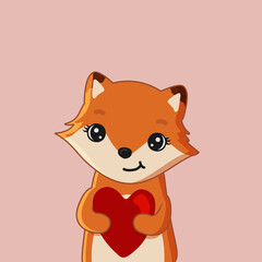 Cute cartoon fox holding heart. Be my Valentine greeting card. Vector illustration.