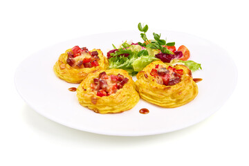 Potato nests, Baked mashed potato nests, isolated on white background. High resolution image