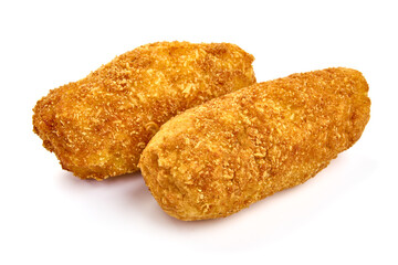Fried potato croquettes in breadcrumbs, isolated on white background. High resolution image