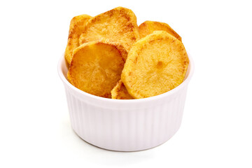 Fried Potato slices, isolated on white background. High resolution image