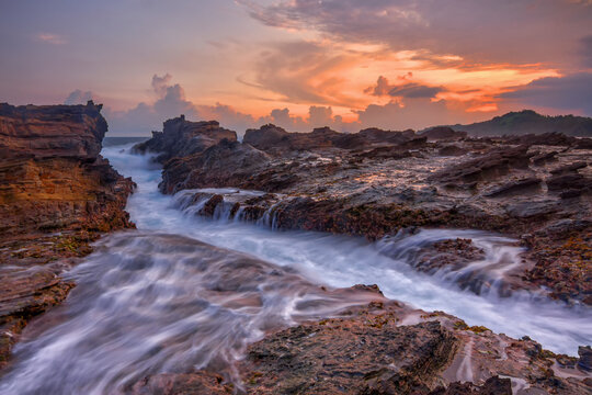 Sawarna beach at sunset, West Java, Indonesia