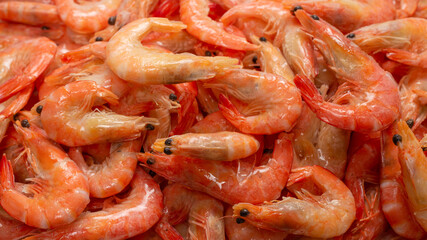 Shrimps background texture. A lot of shrimps. Cooked shrimps.