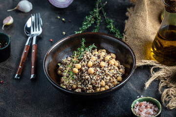 Vegetable lunch from the Buddha bowl with quinoa salad with chickpeas and thyme. Super food, healthy food dish for vegetarians