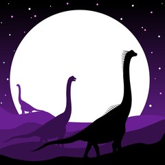 Silhouettes of dinosaurs on the background of the moon. Vector illustration.