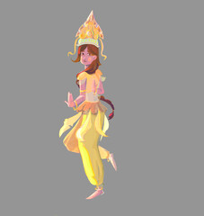 The image of a Thai dancer in oriental silk clothes and a gilded headdress on her head, frozen in a pose on one leg,bracelets and jewelry on her hands, character is drawn isolated on a gray background