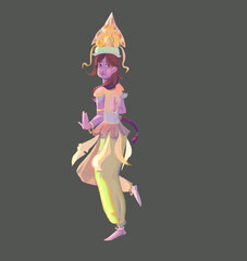 The image of a Thai dancer in oriental silk clothes and a gilded headdress on her head, frozen in a pose on one leg,bracelets and jewelry on her hands, character is drawn isolated on a gray background