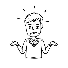 Disgruntled man threw up his hands. Sad character. sorrowful guy. Emotions of malice and unfortunate. Hand-drawn sketch. Unhappy Boy