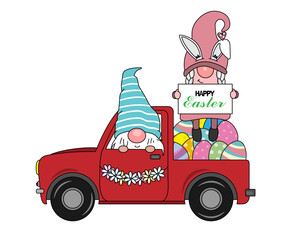 Happy easter card. Gnomes transporting easter eggs by car