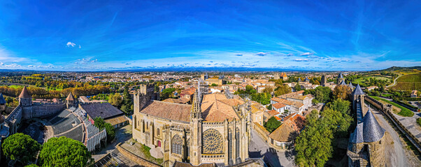 Aerial view of Carcassonne, a French fortified city in France