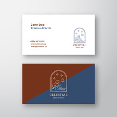 Naked Woman in the Window Ark with Moon and Stars in Space. Abstract Surreal Vector Trendy Contemporary Minimal Logo and Business Card Template. Premium Stationary Realistic Mock Up. Isolated