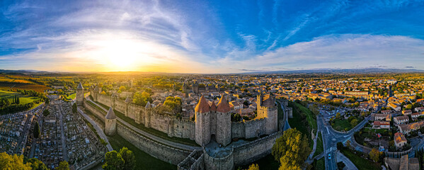 Aerial view of Carcassonne, a French fortified city in France
