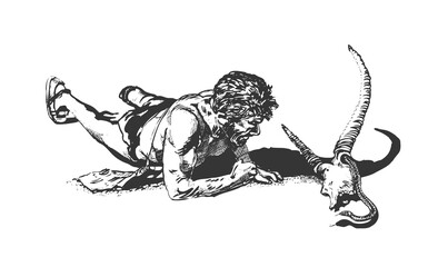 Caveman nad Skull Animal Drawing Sketch.