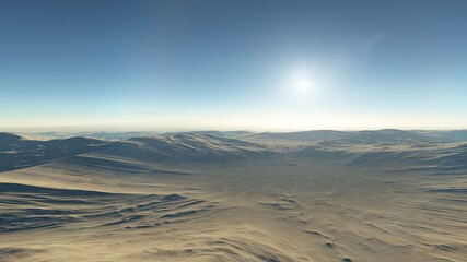 Fototapeta na wymiar Exoplanet fantastic landscape. Beautiful views of the mountains and sky with unexplored planets. 3D illustration.