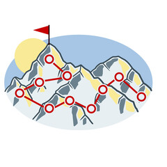 Climbing mountain with red flag. Points and stages of route. Self-development and success. Mountaineering and sports. Cartoon hand drawn illustration. Business motivation in personal growth