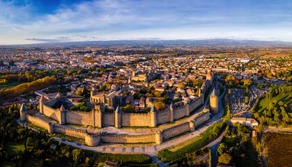 Aerial view of Carcassonne, a French fortified city in France