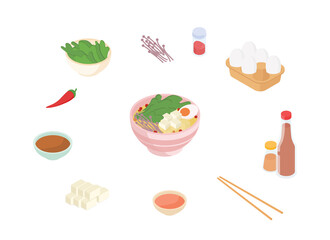 Food set, making ramen. Isometric vector illustration in flat design.
