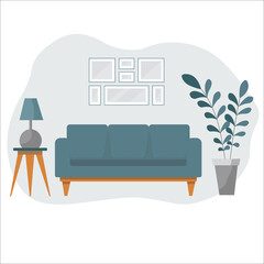 Living room interior with sofa, houseplants and dihome decorations. Modern apartment decorated scandinavian style. Flat cartoon vector illustration.