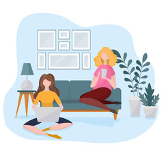 Living room interior with sofa, houseplants and dihome decorations. Modern apartment decorated scandinavian style. Two girls sitting, working and drinking tea. Flat cartoon vector illustration.