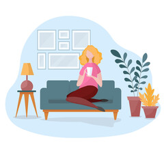 Living room interior with sofa, houseplants and dihome decorations. Modern apartment decorated scandinavian style. One girl sitting, working and drinking tea. Flat cartoon vector illustration.