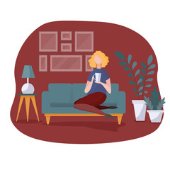 Living room interior with sofa, houseplants and dihome decorations. Modern apartment decorated scandinavian style. One girl sitting, working and drinking tea. Flat cartoon vector illustration.