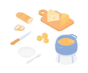 Founde set with cheeses, bread. Isometric vector illustration in flat design.