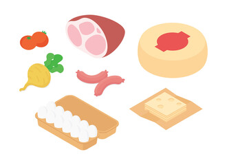 Meal preparation set. Isometric vector illustration in flat design.