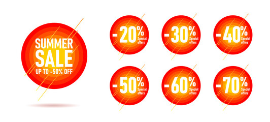 Set of round price tags with discount percentage, red circles with yellow sun and numbers inside, advertising promo element