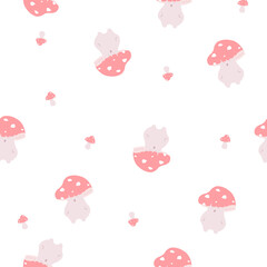 Fototapeta premium Cute red toadstool seamless pattern. Fantasy mushroom pattern on white background. Fairy tale fly agaric mushroom ornament. Anime style seamless mushroom pattern for fabric, paper, decoration.