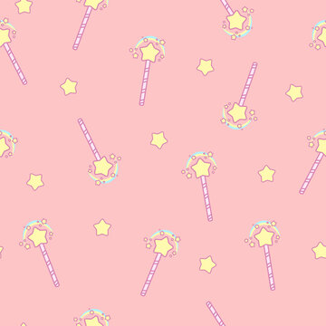 Magic wand seamless pattern. Fantasy seamless pink background. Fairy tale pattern with magic wands and stars. Wizard ornament for fabric, paper, decoration, wrapping. Flat cute endless design. Vector.