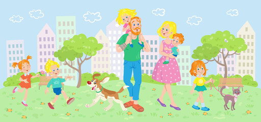 Happy young family walks in the city park with children and pets. Around trees, houses, grass and flowers. In  cartoon style. Vector illustration.