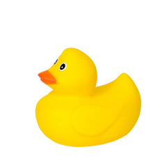 Yellow rubber toy duckling isolated on white. Children's swimming toy.