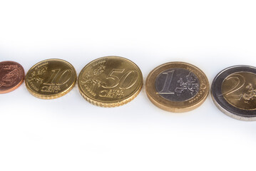Euro coins closeup on a white background