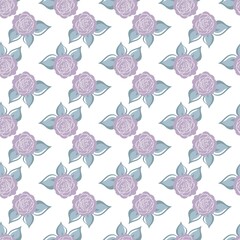 Seamless pattern with violet roses, grey leaves. Hand draw flower. Line brush style. Vector background. For wrapping, fabric textile, package design