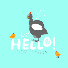 Hello! Happy Easter! Vector illustration. Chicken with chicken. Delicate pastel colors. Perfect for postcards, posters, Easter holiday decoration design.