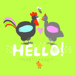 Hello! Happy Easter! Vector illustration. Chicken and cockerel. Delicate pastel colors. Perfect for postcards, posters, Easter holiday decoration design.