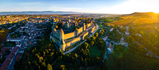 Aerial view of Carcassonne, a French fortified city in France