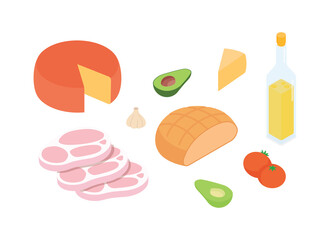 Meal preparation set. Isometric vector illustration in flat design.