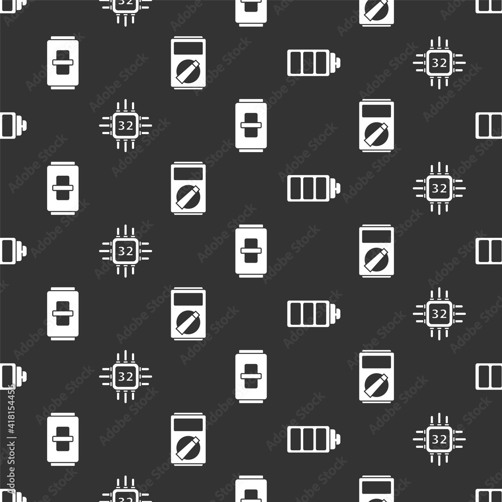 Poster set battery charge level indicator, processor with microcircuits cpu, electric light switch and mult
