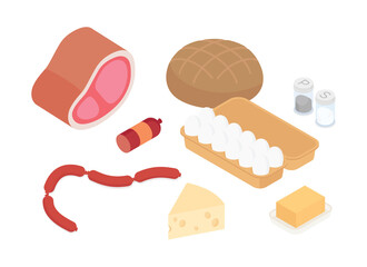 Meal preparation, grocery shopping set. Isometric vector illustration in flat design.