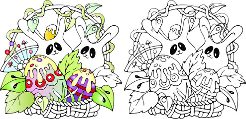 easter bunnies in basket with easter eggs, vector cartoon doodle coloring page or print 